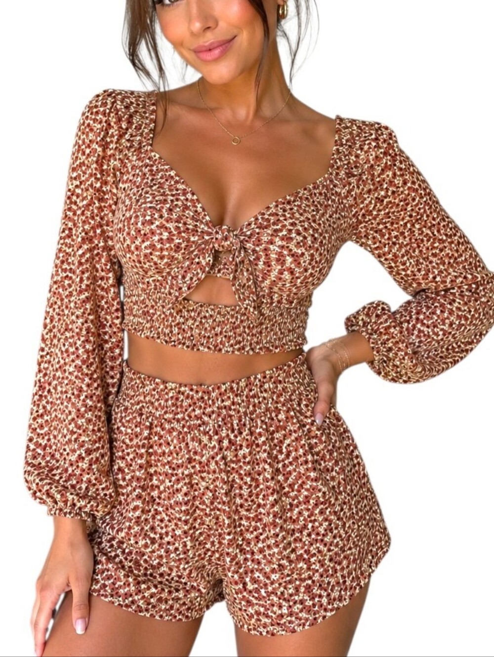 Hesperus Bohemian Style 2 Piece Floral Long Sleeve Short Set